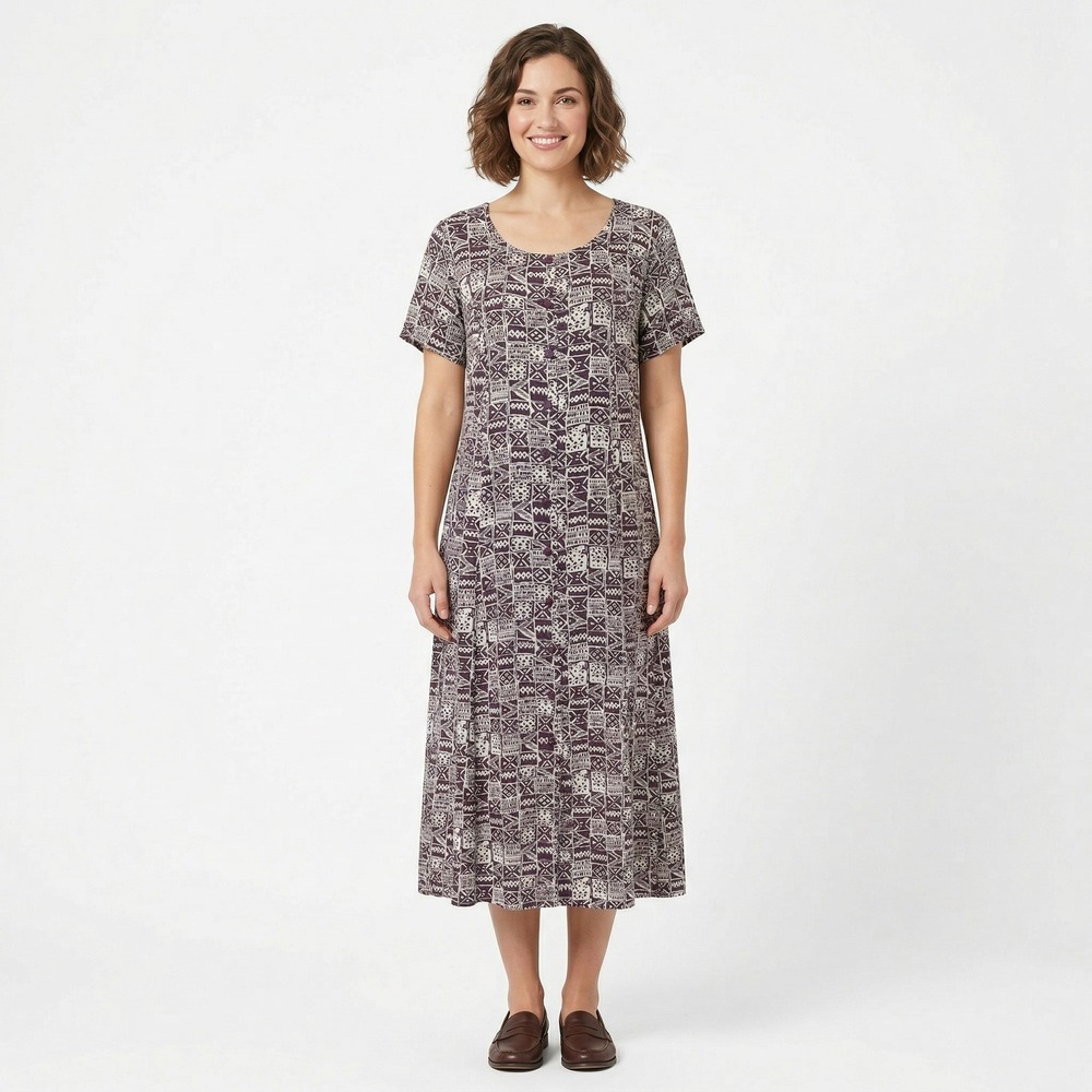 Jennifer Moore XL Purple White Geometric Tribal Maxi Dress Button Front Rayon XL